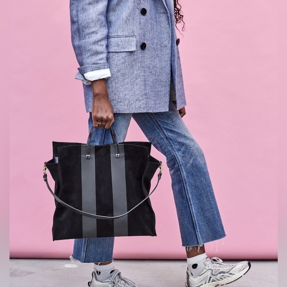 Clare V Suede Simple Tote with Racing Stripes Matte Black with Strap - Picture 14 of 14
